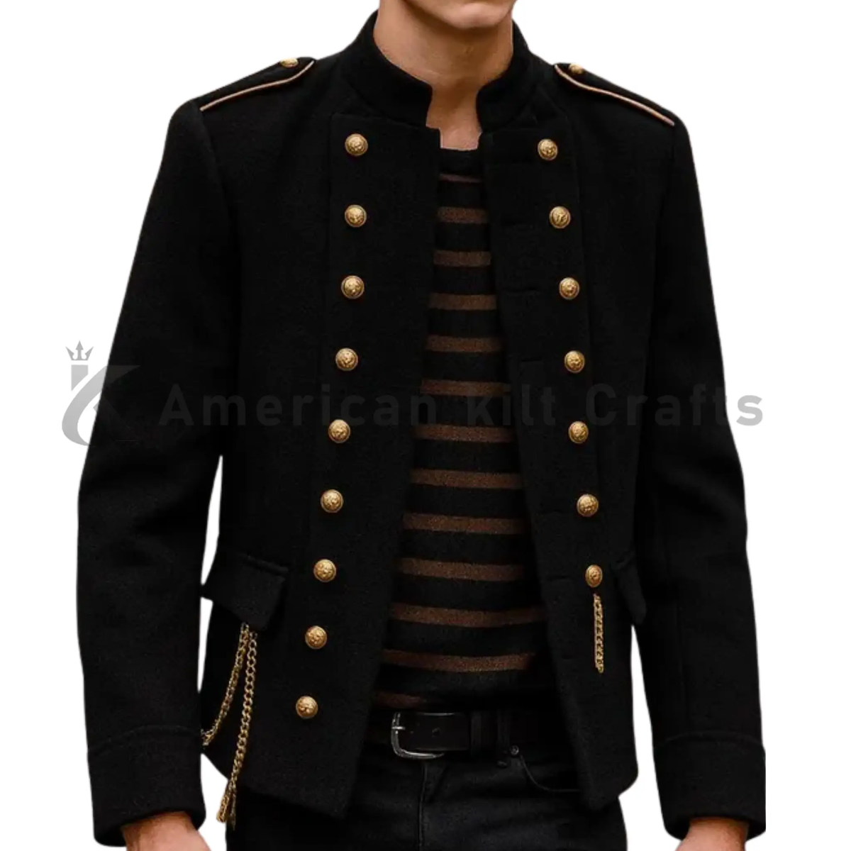 Men's black Gothic parade wool military uniform featuring a double-breasted front, structured tailoring, formal detailing and a dramatic historical-inspired silhouette.