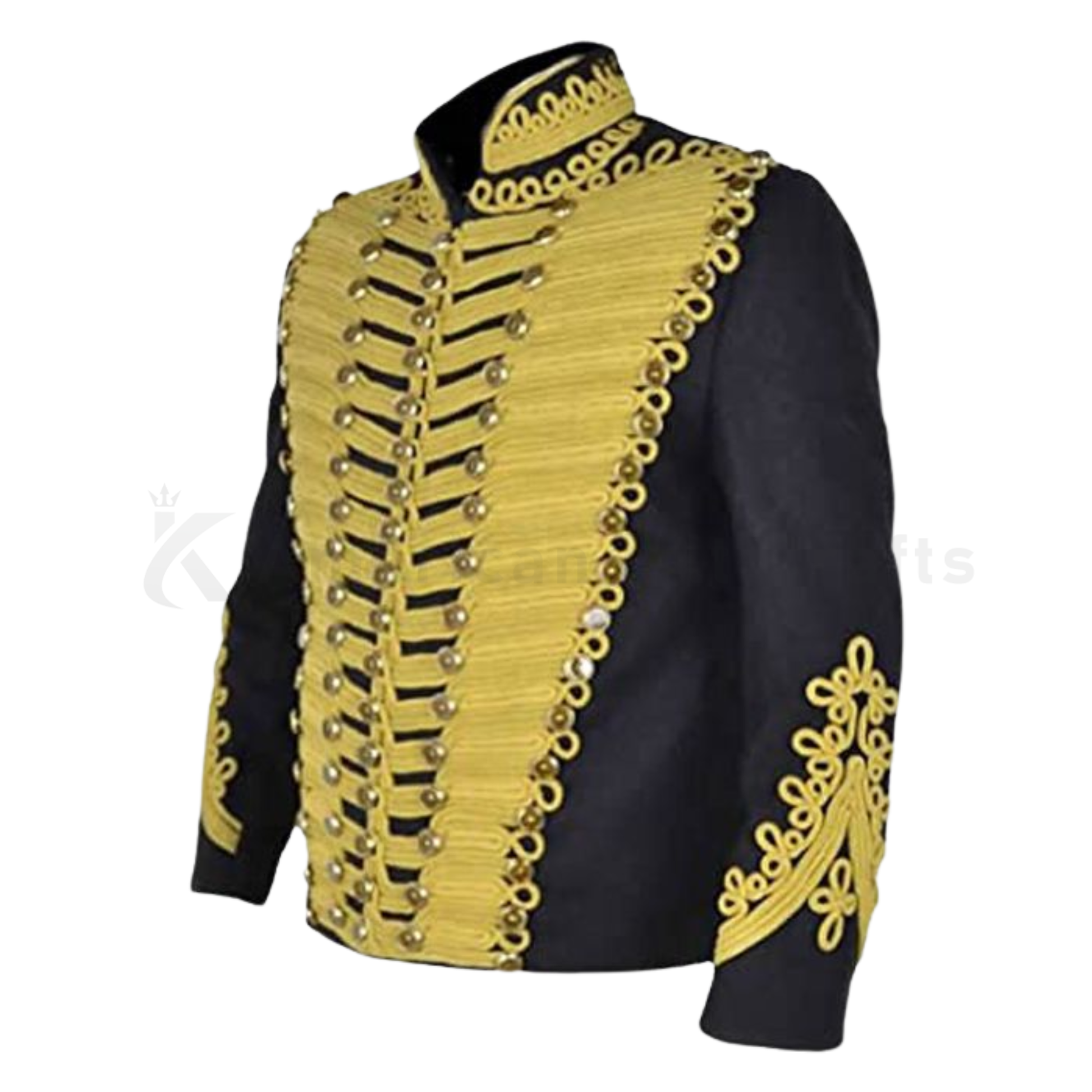 Side view of men’s black military hussar costume coat with gold braid trim, velvet finish, and long tailcoat style.