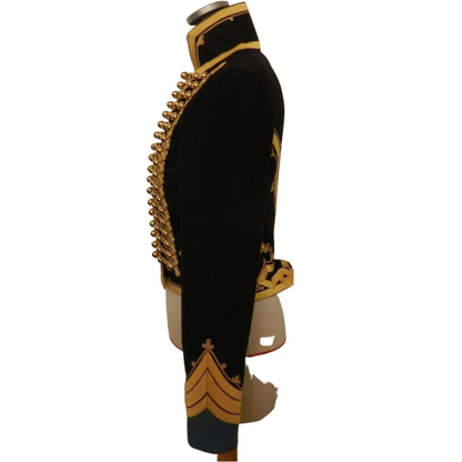 Side profile of men’s black Hussar Dolman jacket showing intricate gold braid, military buttons, collar, and detailed craftsmanship.