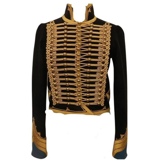 Men’s black Hussar Dolman Pelisse jacket front view featuring gold braided detailing, Imperial military styling, and vintage cavalry-inspired design.