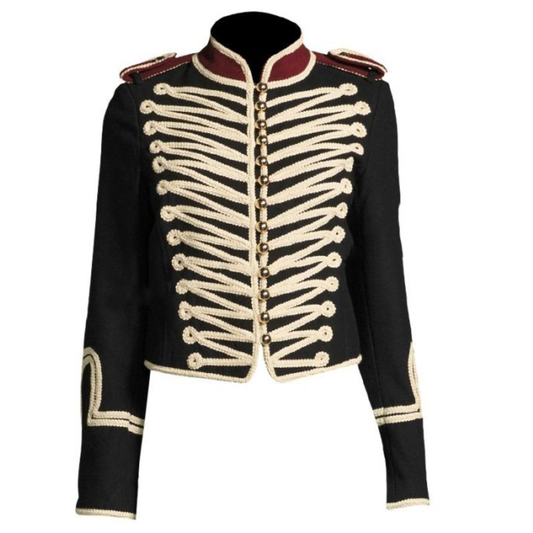 Front view of a men’s black Hussar marching band jacket made from wool twill with decorative military braiding and structured tailoring.