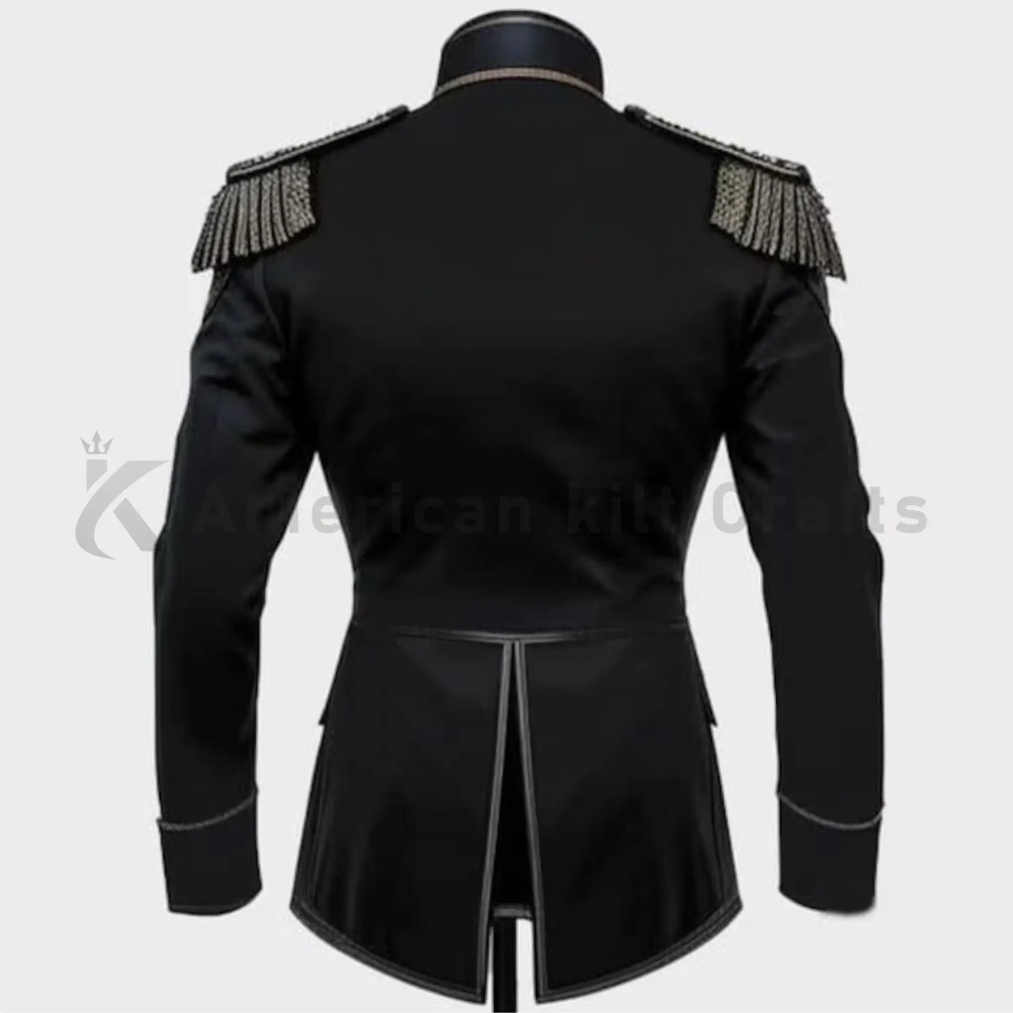 Back view of men’s black Hussar military band jacket showing the tailored silhouette and classic marching parade uniform styling.