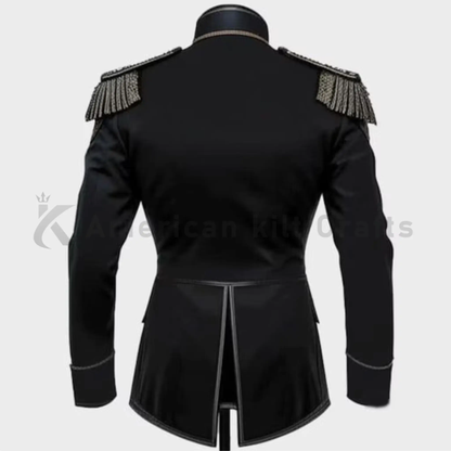 Back view of men’s black Hussar military band jacket showing the tailored silhouette and classic marching parade uniform styling.