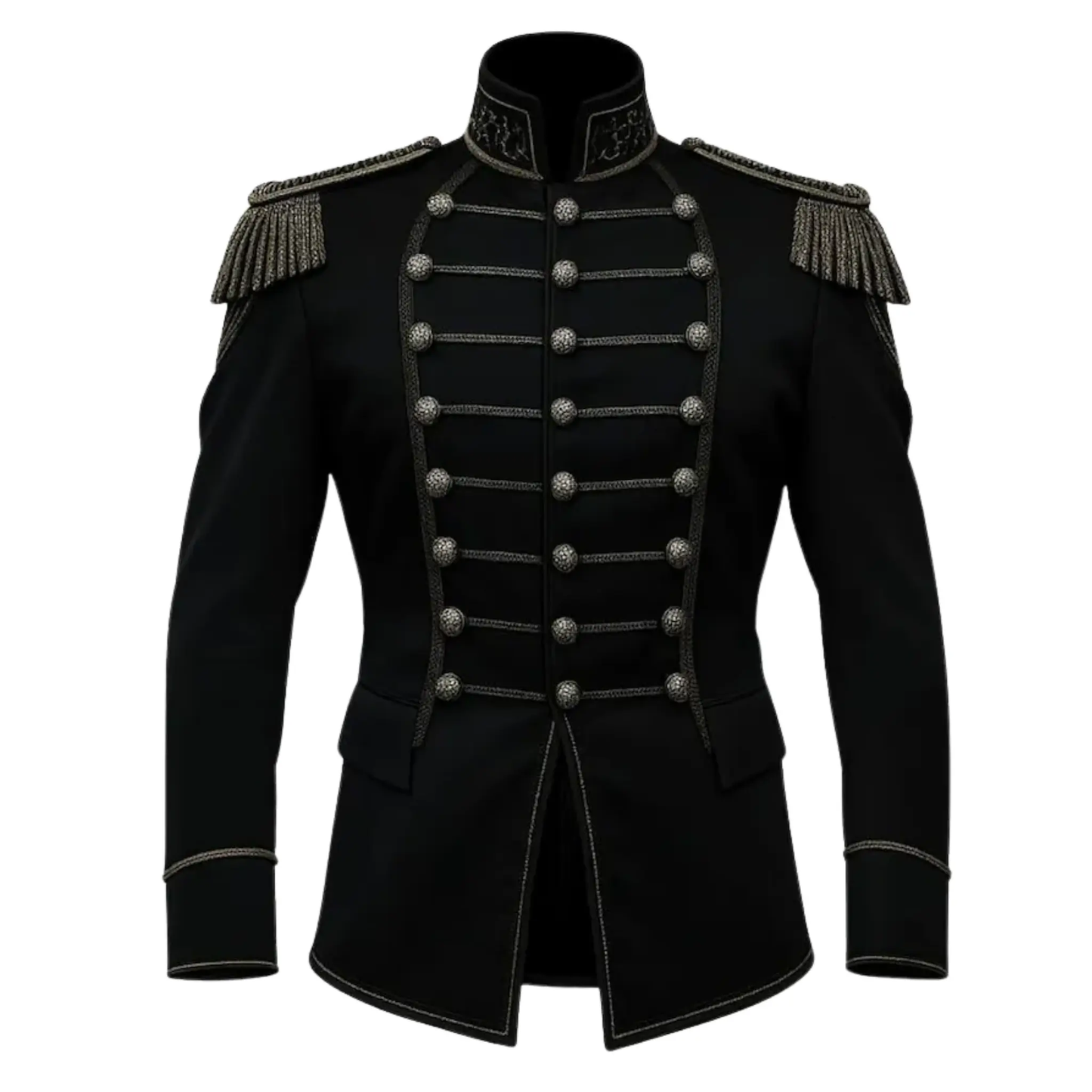 Men’s black Hussar military band jacket front view featuring a structured marching uniform design and decorative parade detailing.