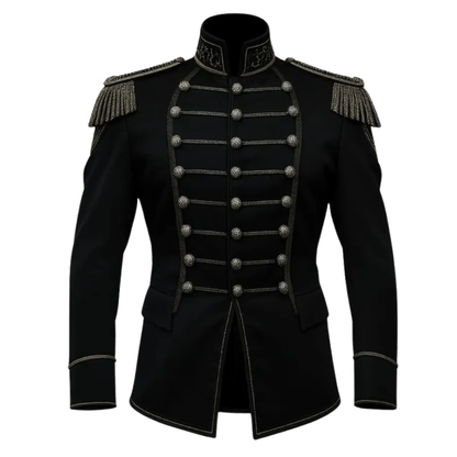 Men’s black Hussar military band jacket front view featuring a structured marching uniform design and decorative parade detailing.
