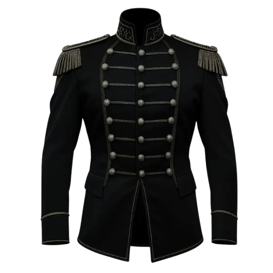 Men’s black Hussar military band jacket front view featuring a structured marching uniform design and decorative parade detailing.
