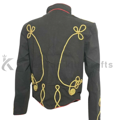 Back view of men’s black Hussar military jacket showing structured heavy wool tailoring and traditional Napoleonic ceremonial styling.