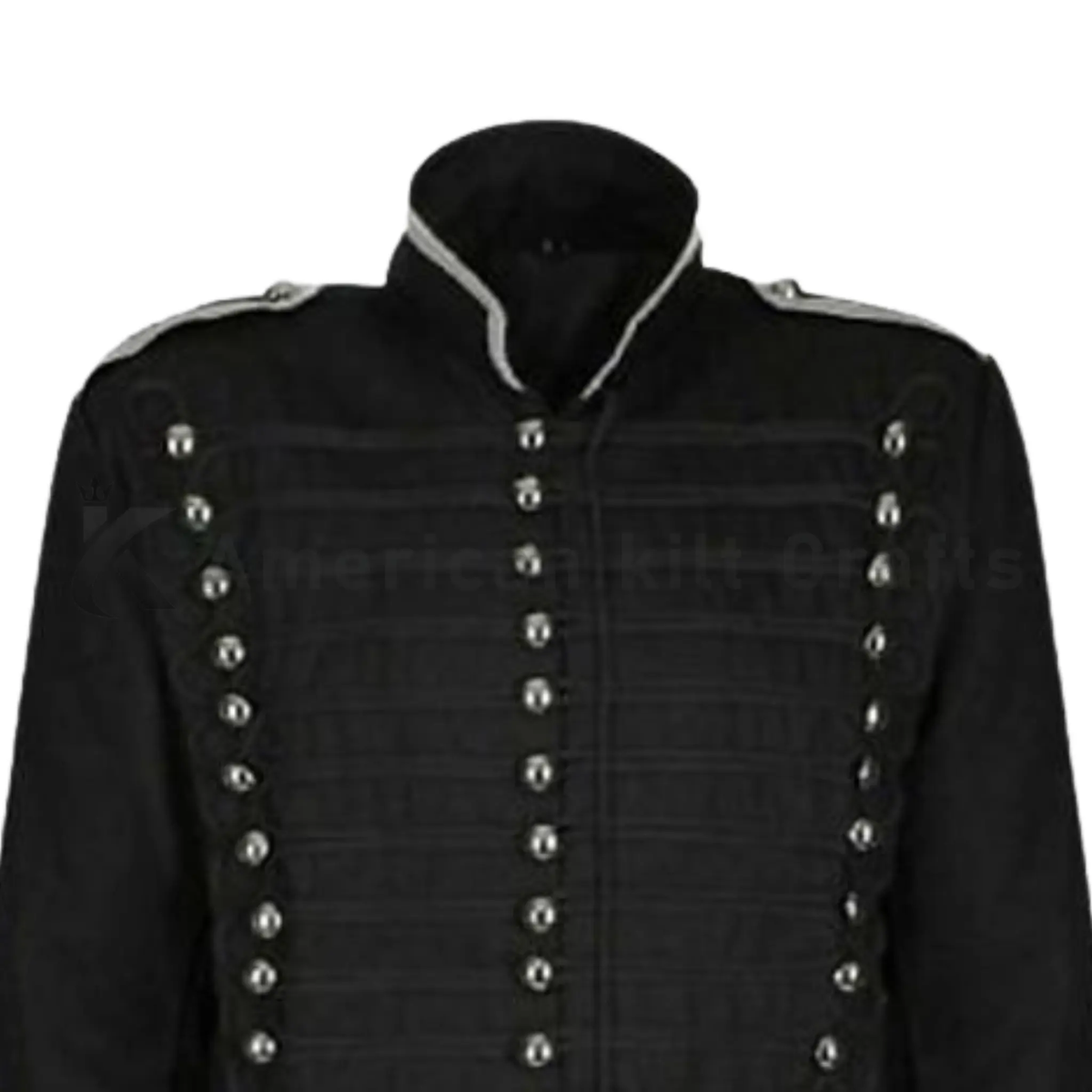 Close-up of men’s black Hussar military jacket featuring brass buttons, epaulettes, decorative trim and detailed craftsmanship.