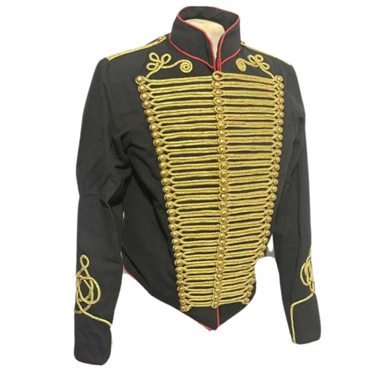 Men’s ceremonial black Hussar military jacket front view featuring heavy wool fabric, ornate gold braiding and decorative brass buttons.
