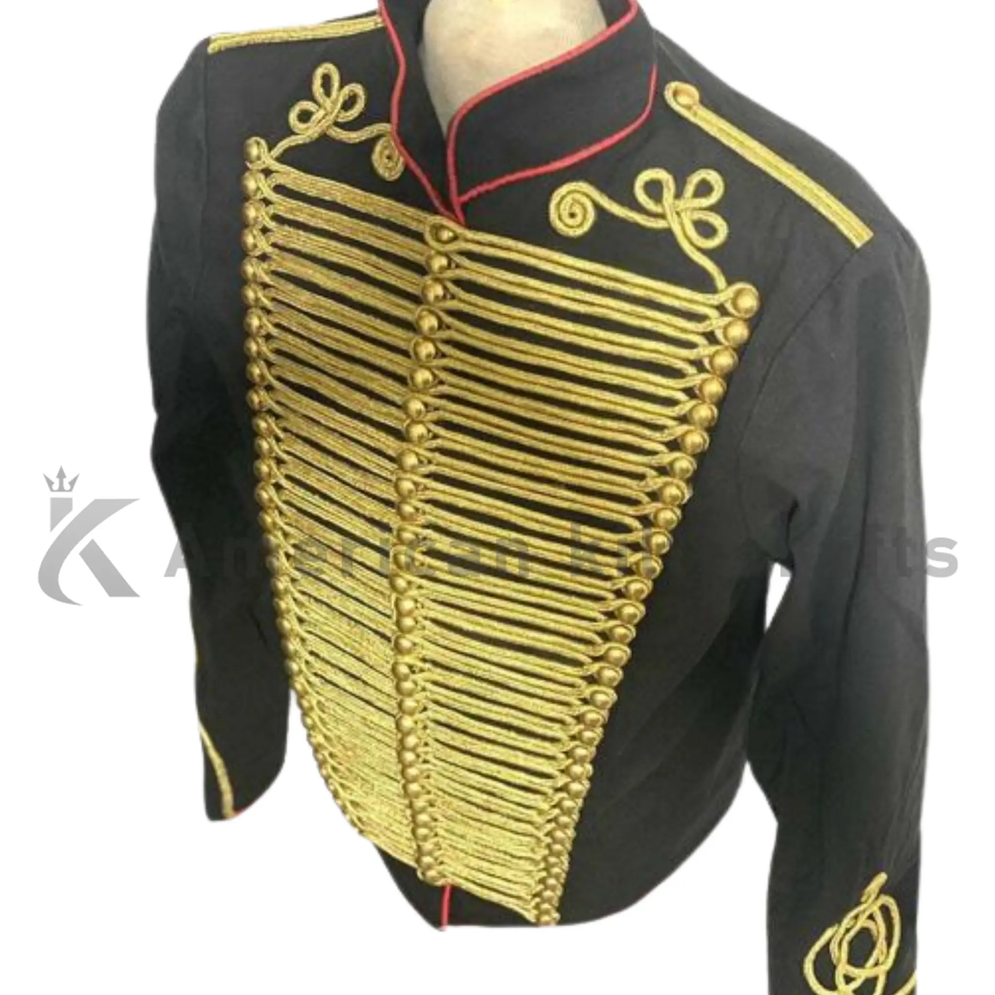 Side angle view of men’s black Hussar military jacket with gold braided detailing, brass buttons and structured military-style tailoring.