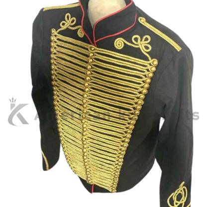 Side angle view of men’s black Hussar military jacket with gold braided detailing, brass buttons and structured military-style tailoring.