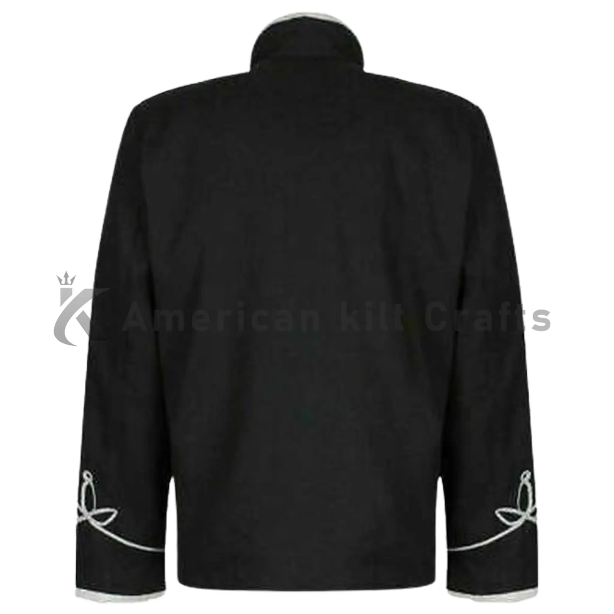 Back view of men’s black Hussar military parade jacket showing its structured tailored fit and military-inspired design.