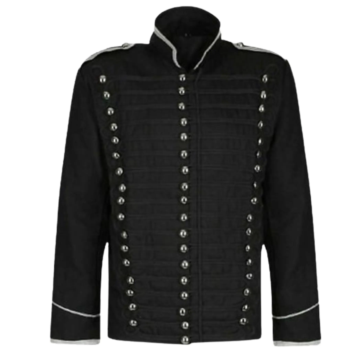 Men’s black Hussar military parade jacket front view with epaulettes, decorative trim and brass buttons.