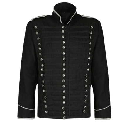 Men’s black Hussar military parade jacket front view with epaulettes, decorative trim and brass buttons.