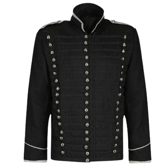 Men’s black Hussar military parade jacket front view with epaulettes, decorative trim and brass buttons.