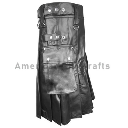 Men’s black leather utility kilt with pleated panels, cargo pockets, metal D-rings, and gothic punk styling.