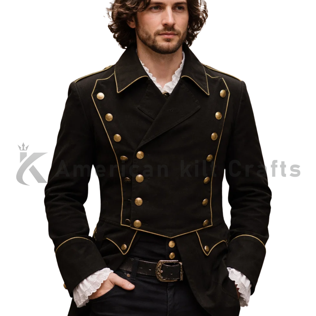 A Model wearing of a men’s black Bonaparte-style jacket showing its fitted shape and military-inspired structure of a men’s black Bonaparte-style jacket showing its fitted shape and military-inspired structure.