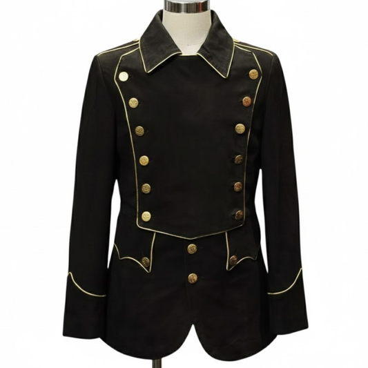 Front view of a men’s black military jacket with gold buttons, featuring Bonaparte-style tailoring and a structured formal silhouette.