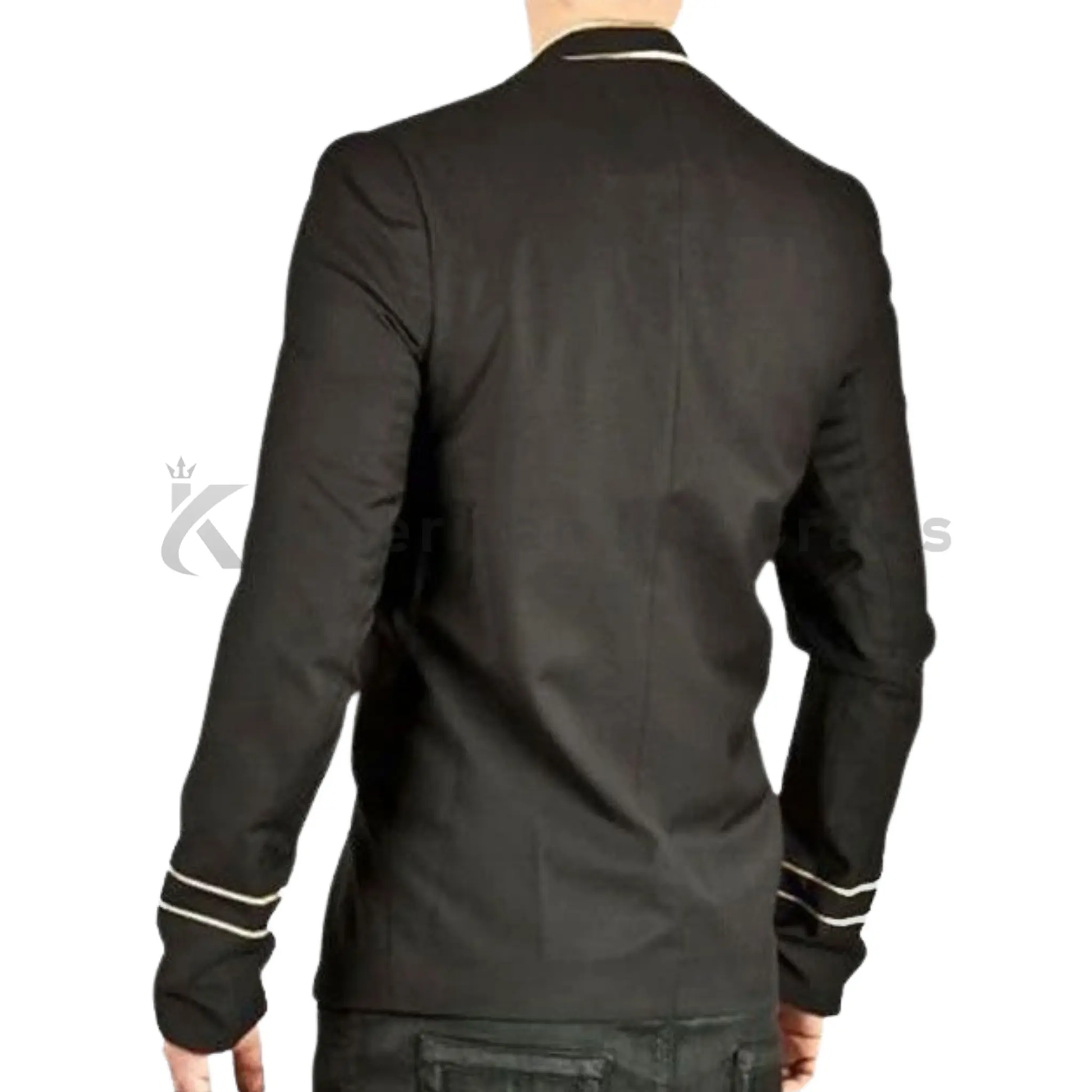 Back view of men’s black Napoleon military jacket showing tailored construction, structured shoulders and military-inspired fit.