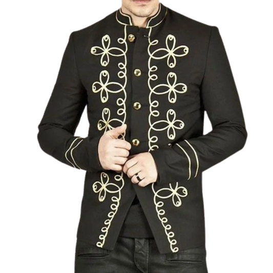 Men’s black Napoleon military jacket front view with handmade gold embroidery, silver buttons and structured officer styling.