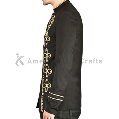 Side view of men’s black Napoleon military jacket with tailored silhouette, gold embroidery and structured wool-blend design.