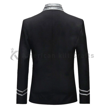 Back view of men’s black cotton dinner blazer showing clean tailored construction and structured formal fit.