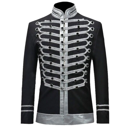 Men’s black cotton suit jacket front view with classic notched lapel and tailored fit for weddings, dinners and formal parties.