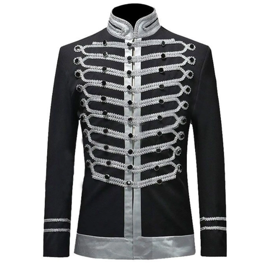 Men’s black cotton suit jacket front view with classic notched lapel and tailored fit for weddings, dinners and formal parties.