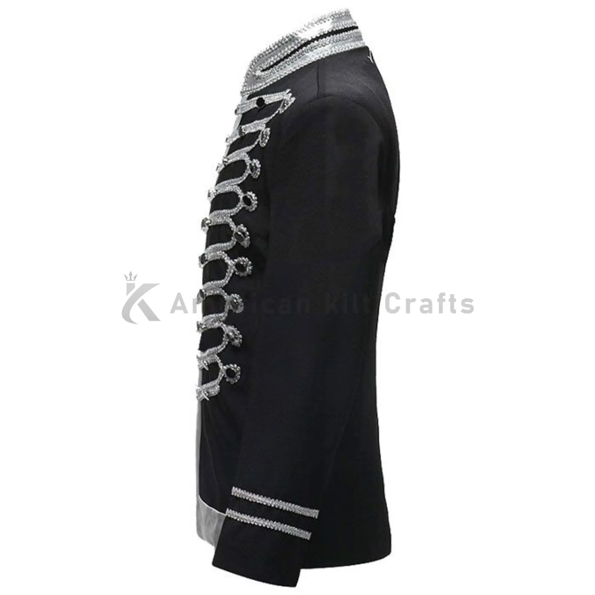 Side view of men’s black notched lapel blazer showing tailored silhouette, long sleeves and classic formal suit styling.
