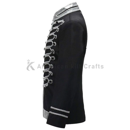 Side view of men’s black notched lapel blazer showing tailored silhouette, long sleeves and classic formal suit styling.