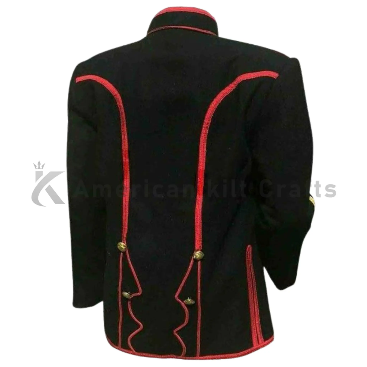 Back view of men’s black military tunic showing its tailored silhouette, structured shoulders, and full-length design.