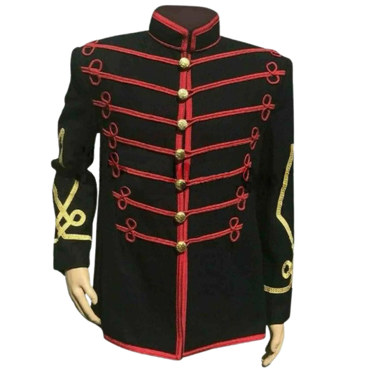 Front view of men’s black wool Hendrix-style military tunic featuring red braided trim, decorative buttons, and a structured fit.