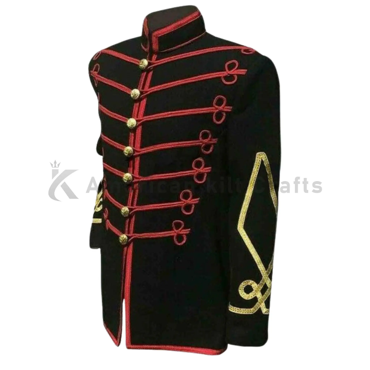 Side View of men’s Hendrix-style black military coat highlighting the red braid, decorative buttons, collar, and wool-blend fabric.