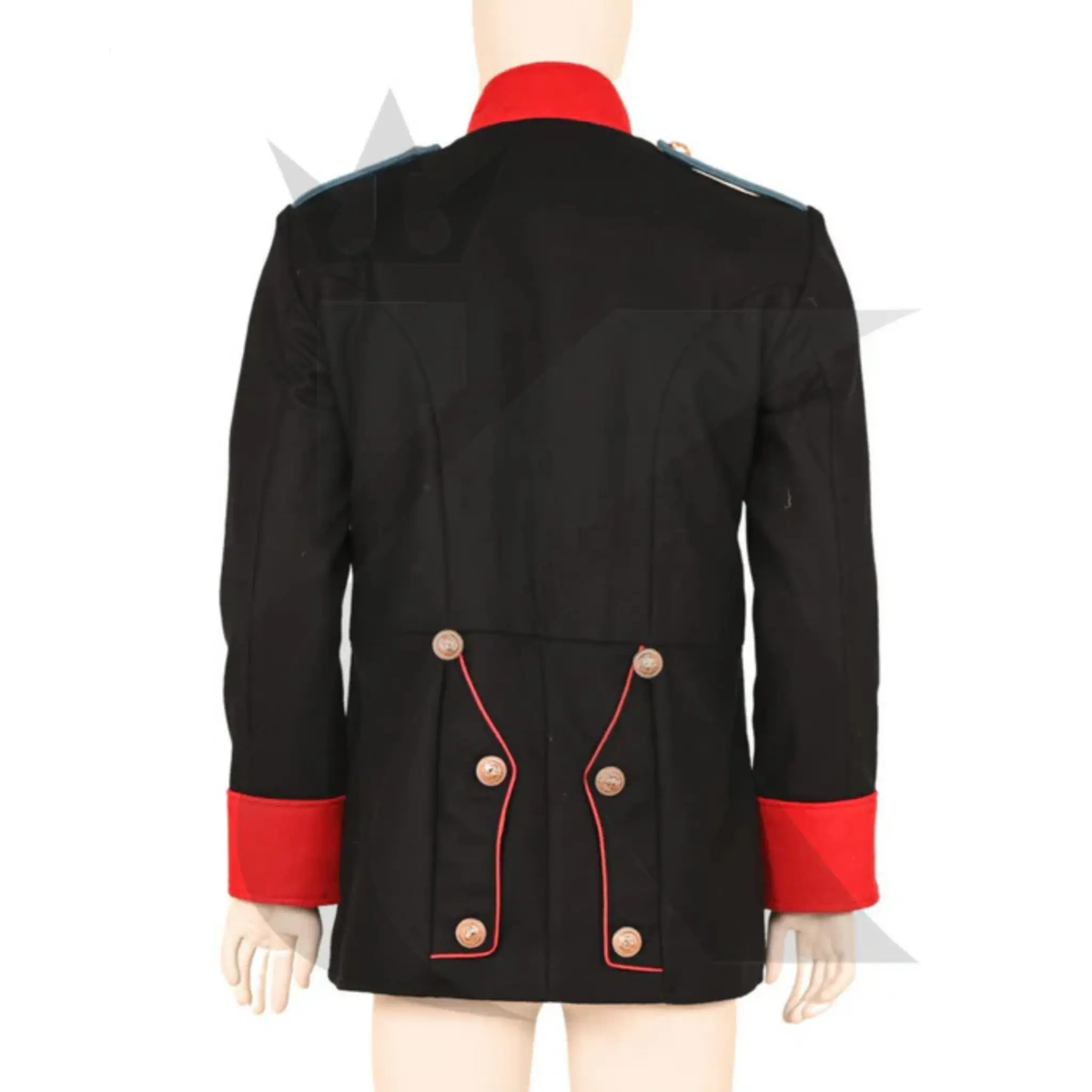 Back view of men’s black Royal British War jacket showing the tailored military silhouette and historical British-inspired styling.