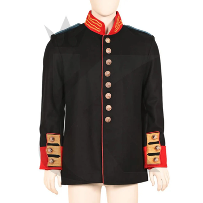 Men’s black Royal British War jacket front view featuring classic military styling, structured tailoring, and Anglo-Zulu-inspired design.
