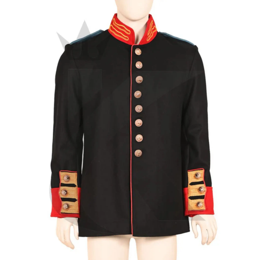 Men’s black Royal British War jacket front view featuring classic military styling, structured tailoring, and Anglo-Zulu-inspired design.