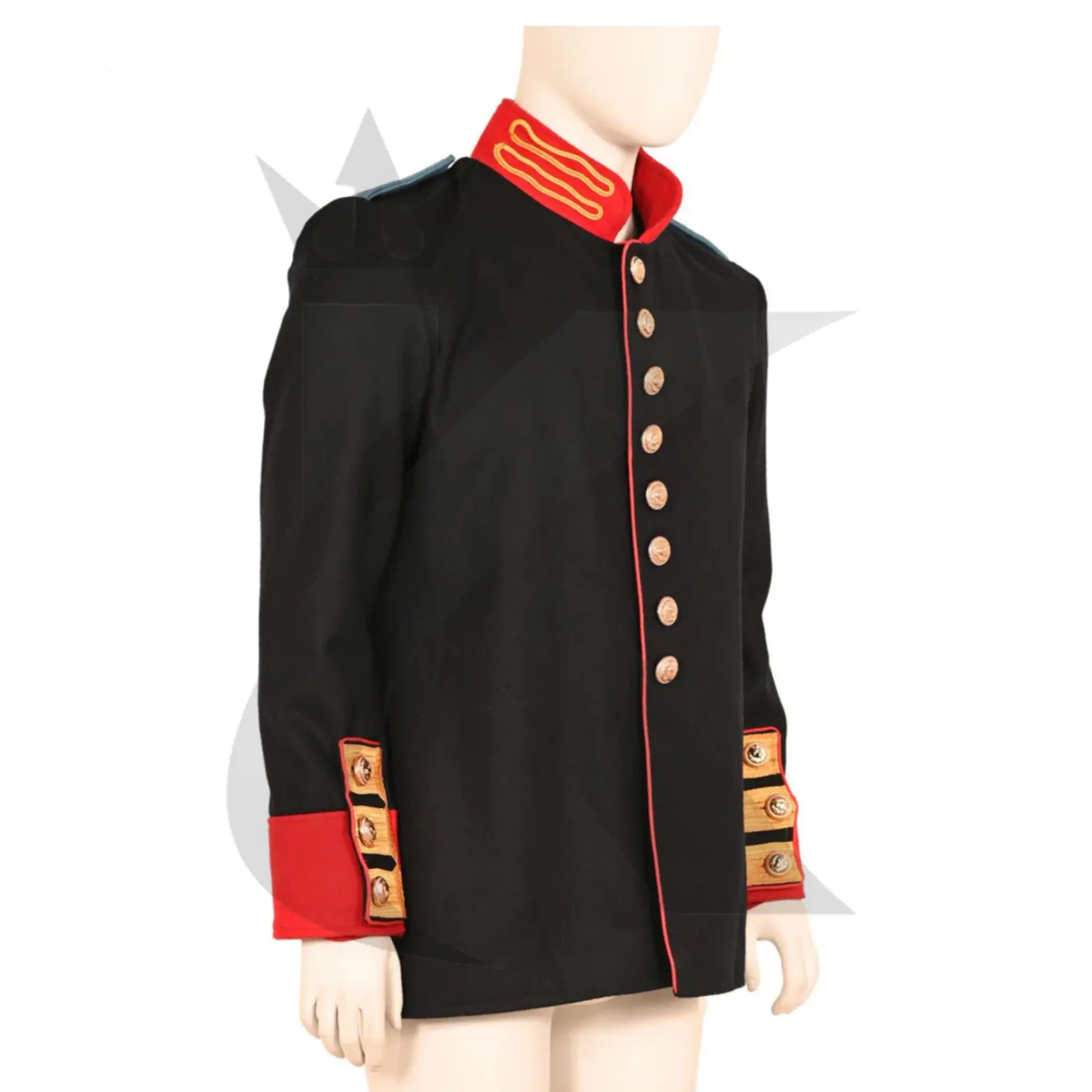 Side view of men’s black Royal British War jacket showing the tailored fit, structured military silhouette, collar, and Anglo-Zulu-inspired styling.