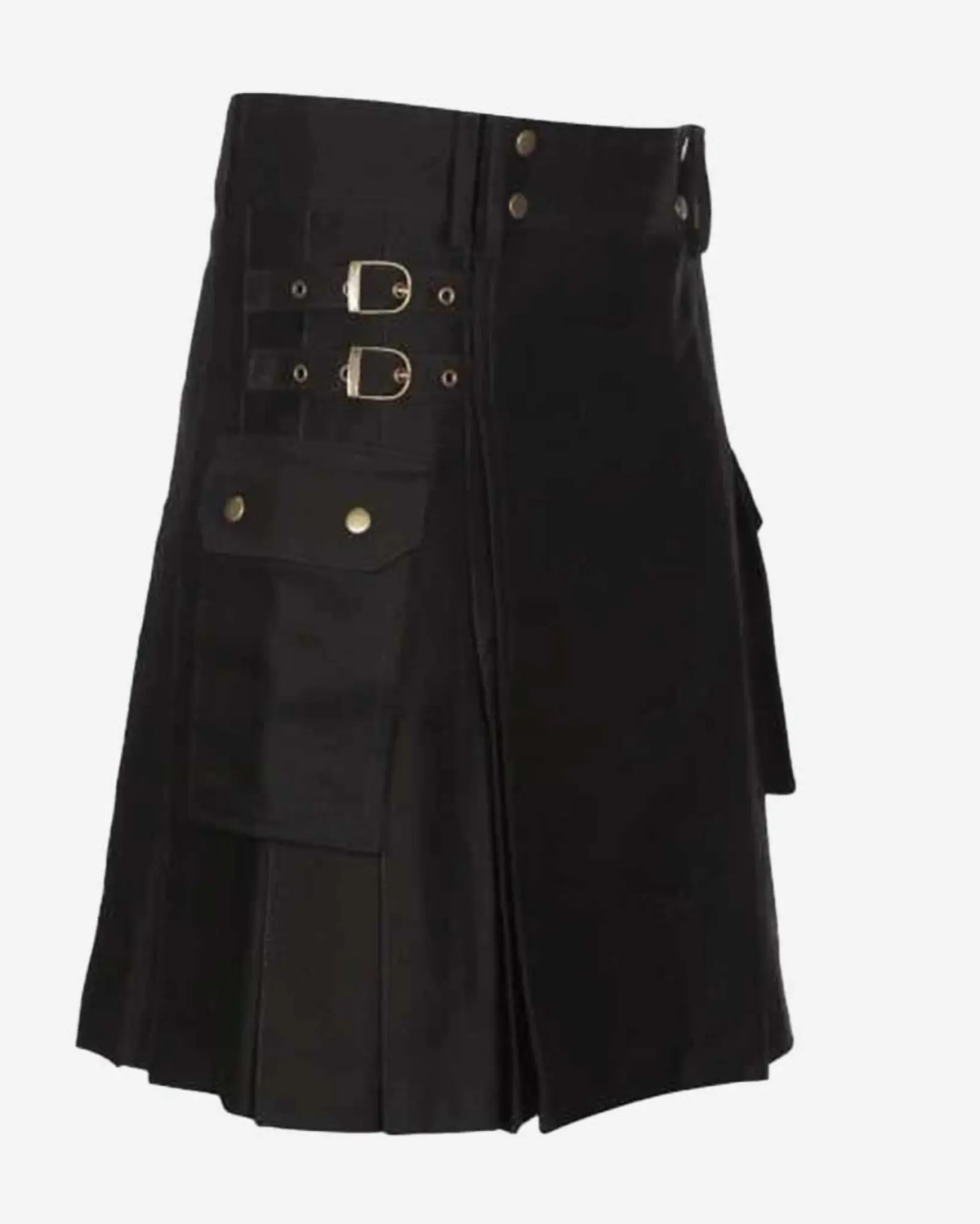 Back view of men's traditional black Scottish utility kilt highlighting its pleated construction, handmade tailoring, and classic Highland kilt silhouette.