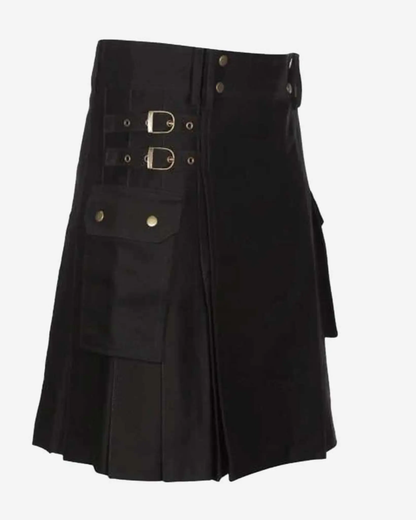 Back view of men's traditional black Scottish utility kilt highlighting its pleated construction, handmade tailoring, and classic Highland kilt silhouette.