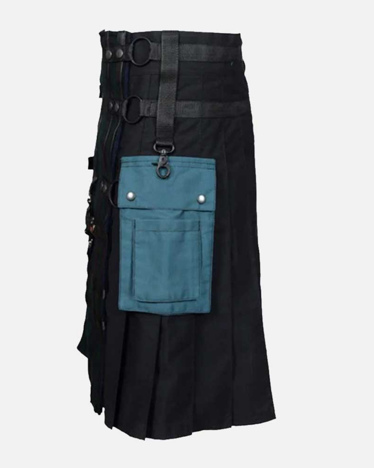 Side view of men's Black Watch tartan hybrid utility kilt showcasing classic Scottish plaid, pleated construction, and contemporary gothic Highland fashion.