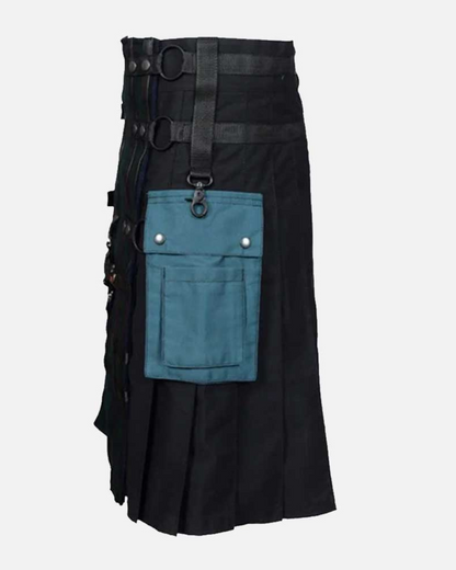 Side view of men's Black Watch tartan hybrid utility kilt showcasing classic Scottish plaid, pleated construction, and contemporary gothic Highland fashion.