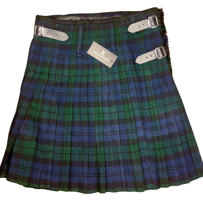 Front view of men’s Black Watch tartan kilt showing the traditional Scottish plaid pattern, flat apron front, and classic Highland style.