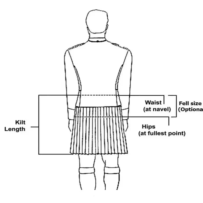 Men’s Black Watch tartan kilt size guide showing waist and kilt length measurements to help choose the correct traditional Scottish Highland fit.