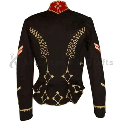Back view of men’s black wool American cavalry jacket featuring a structured military-style design.