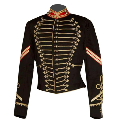 Front view of men’s black wool American cavalry jacket featuring a structured military design, decorative buttons, and a tailored fit.