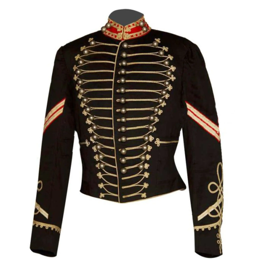 Front view of men’s black wool American cavalry jacket featuring a structured military design, decorative buttons, and a tailored fit.