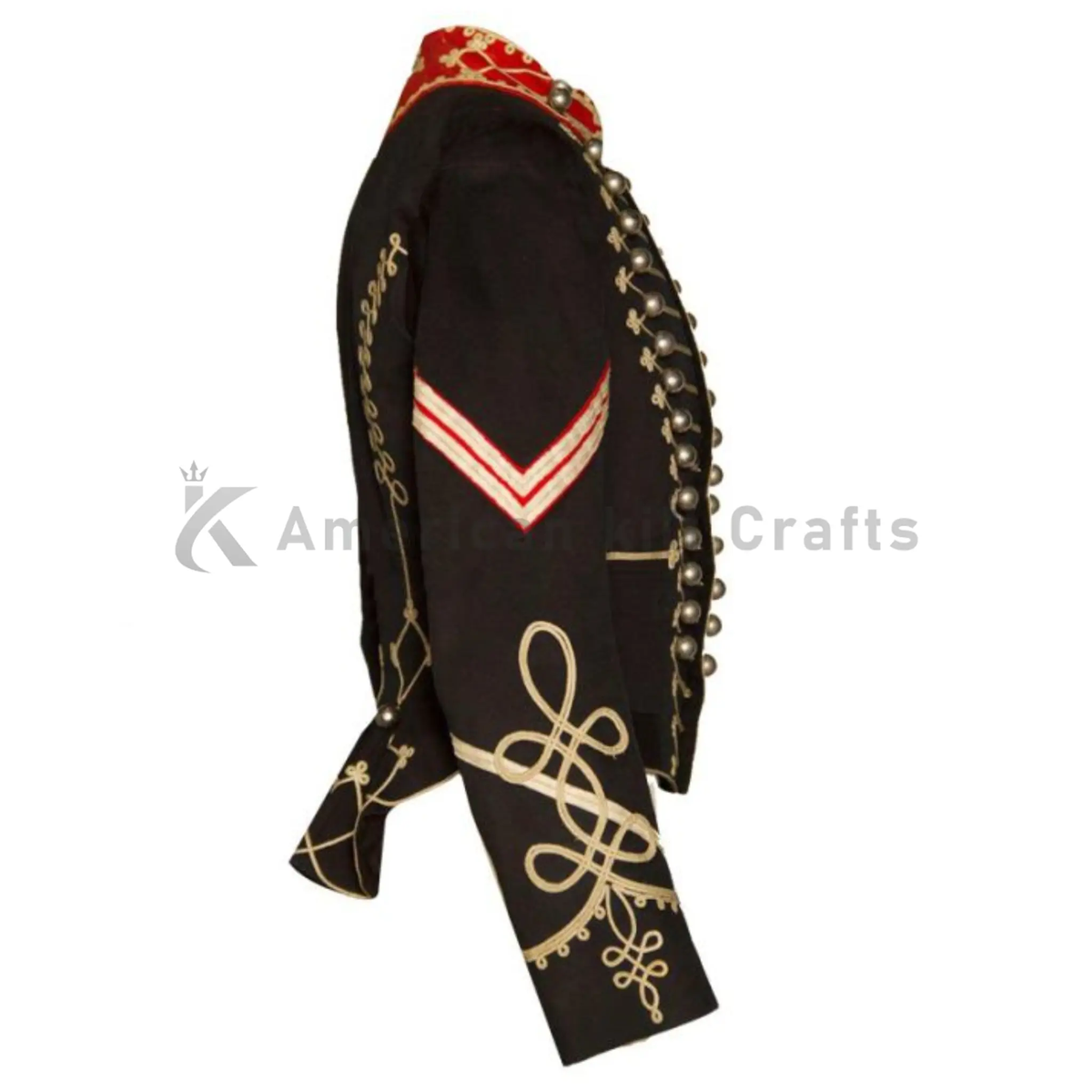 Side view of men’s black wool American cavalry jacket for military cosplay and historical costumes.