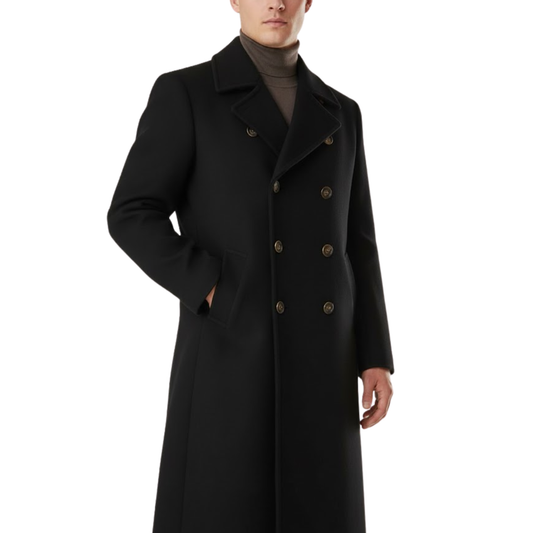 Front view of men’s black wool blend great coat featuring a classic double-breasted design, structured lapels, and long winter overcoat styling.
