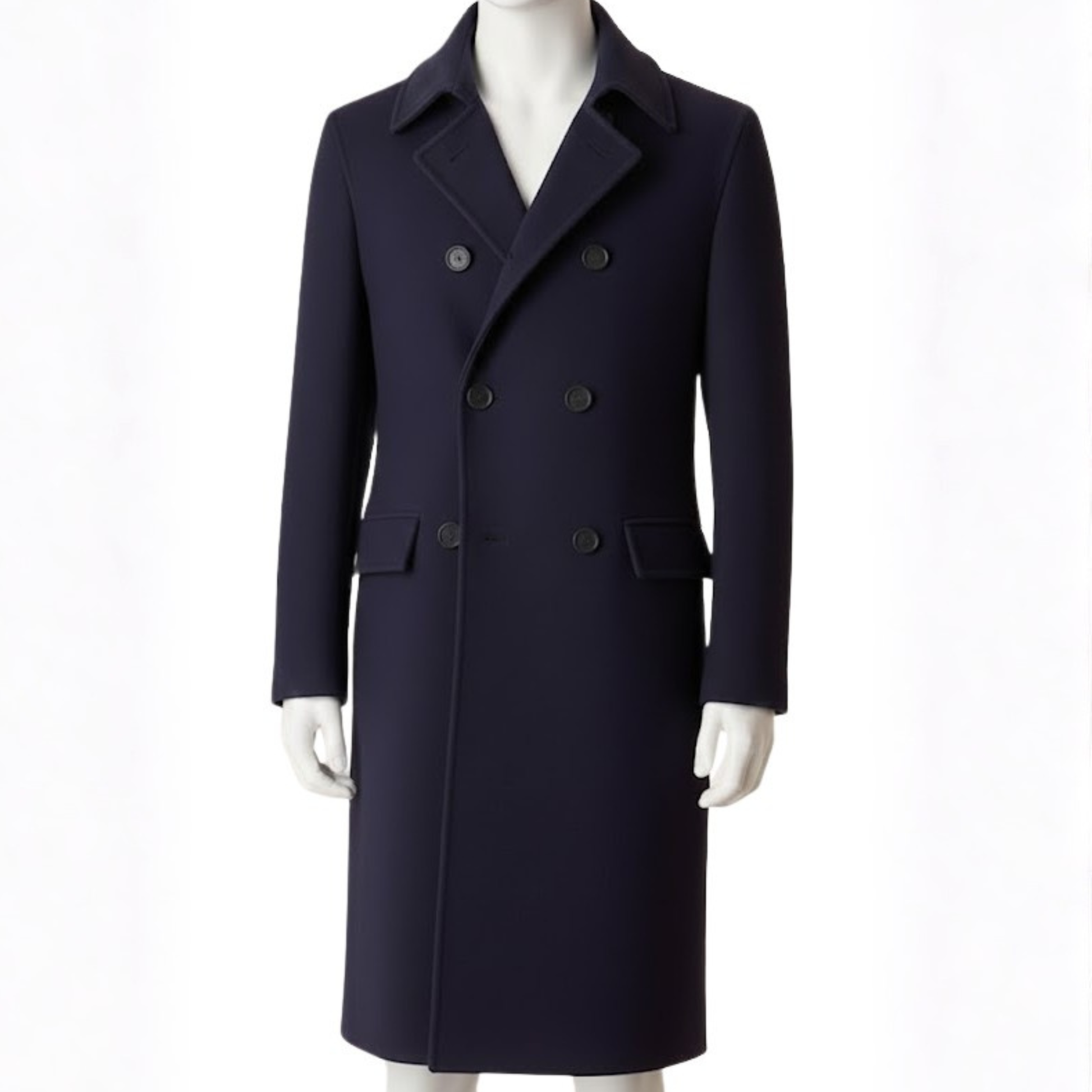 Men’s black wool blend long winter overcoat front view, tailored formal coat for business, office, and evening wear.
