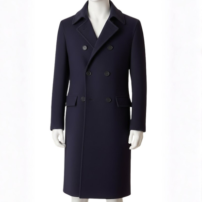 Men’s black wool blend long winter overcoat front view, tailored formal coat for business, office, and evening wear.